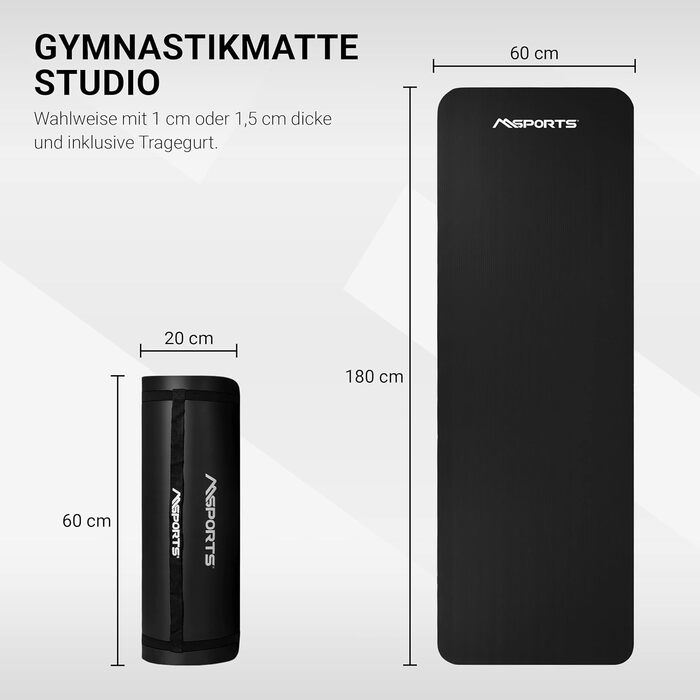 MSPORTS Килимок для гімнастики та йоги Studio 183 x 61 x 1/1.5 см | з постерами та ручками | М'який, без фталатів, чорний