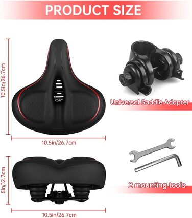 Широке велосипедне сідло з пам'яті ефекту для жінок та чоловіків, чорне/червоне. Зручне, водонепроникне, дихаюче, з інструментами. Підходить для міських велосипедів, шосе, MTB, круїзерів, велотренажерів.