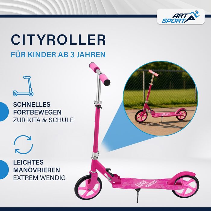 Самокат ArtSport Cityroller Big Wheel 205мм, рожевий - дитячий самокат від 3 років, до 100 кг, складаний, з регульованою висотою