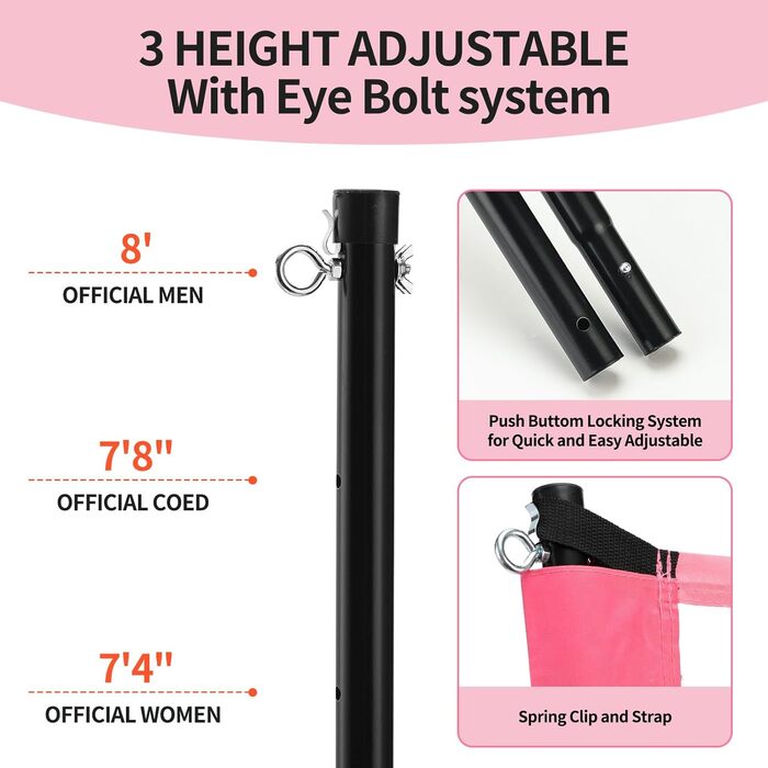 Набір для волейболу на відкритому повітрі: портативна сітка, м'яч PU, насос, сумка та міцна сітка (32 фути, рожевий)