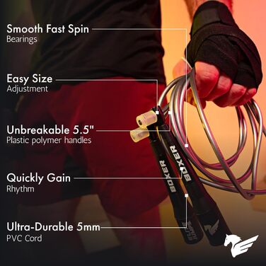 Стрибкова скакалка EliteSRS Boxer Jump Rope 3.0 з ПВХ 5 мм, ергономічні ручки з полімеру та антиковзким покриттям, для занять на вулиці