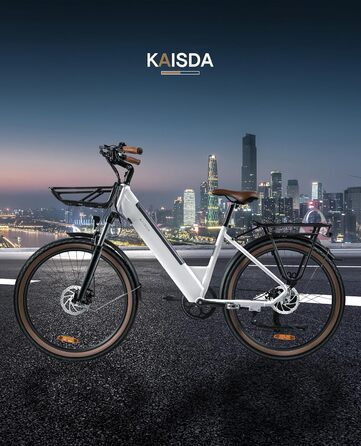 Електровелосипед KAISDA 26'' для жінок, 7-ступенева трансмісія, 36В 16Аг знімний акумулятор, 65 км, 50Нм мотор, біло-синій, для міста та відпочинку