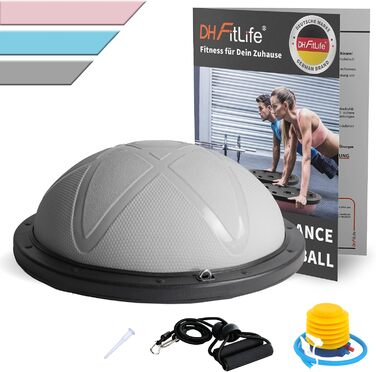 Балансувальний м'яч DH FitLife для йоги та фітнесу, діаметр 60 см, до 200 кг, напівсфера з насосом і 2 фітнес-стрічками, сірий