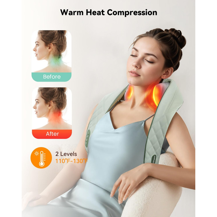 Масажер для шиї Snailax 4D з підігрівом та Shiatsu, електричний масажер для шиї, плечей та спини, зелений