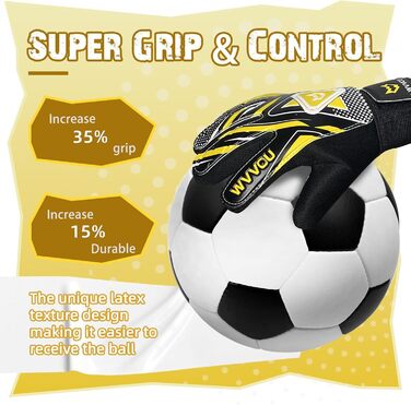 Воротарські рукавички WVVOU для дітей та підлітків, футбольні, з подвійним захистом, зручні, з супер зчепленням (жовті, розмір 9)