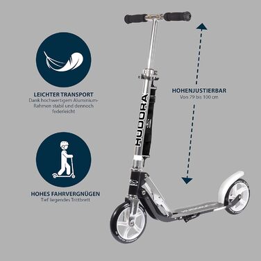 Самокат HUDORA BigWheel 180 для дітей і дорослих, міський, складаний, регульована висота, до 100 кг, з ременем для перенесення