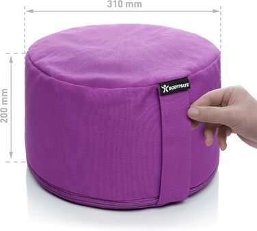 Медитаційна подушка BODYMATE, кругла, 31 см, висота 20 см, з наповнювачем з лузги гречки, чохол з товстої бавовни, фіолетова – для йоги, медитації та сидіння