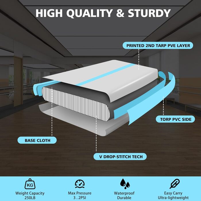 Надувний килимок для гімнастики BPB з електронасосом. 10 футів (300x100x10 см). Для дому, спортзалу, челедангу, йоги, пілатесу, бойових мистецтв, пляжу та водяних розваг.