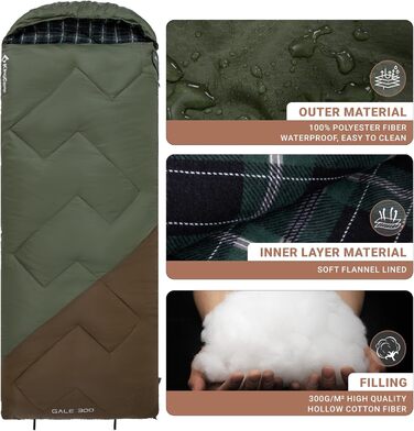 Сплячий мішок KingCamp для дорослих, зимовий | Фланелевий, теплий, 3-4 сезонний, великий, легкий, водостійкий, 2,2 кг, Beangreen/Braun (для кемпінгу, трекінгу, хайкінгу)