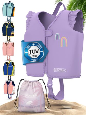 Дитячий жилет для плавання KIDVERSE - переможець тестів, сертифікований TÜV. Безпечний жилет для дітей від 2 років з регульованою плавучістю, CE-сертифікований, з м'якого преміум-неопрену (фіолетовий, M)