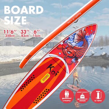 Надувна SUP-дошка FunWater Red KOI для серфінгу, комплект аксесуарів: регульоване весло, насос, рюкзак, страхувальний трос, водонепроникна сумка, для дорослих
