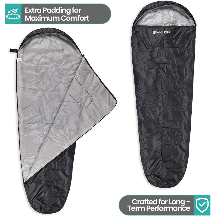 Спальний мішок Mumienschlafsack для дорослих - легкий, компактний, водонепроникний з капюшоном, 220x85 см. Підходить для кемпінгу, походів та подорожей (Чорний)