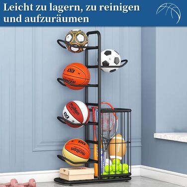 Стенд для зберігання баскетбольних м'ячів Ballständer: полиця для спортивного обладнання, відкидна стійка-тримач на 5 м'ячів та кошиків, баскетбольний кошик для регбі, волейболу, футболу