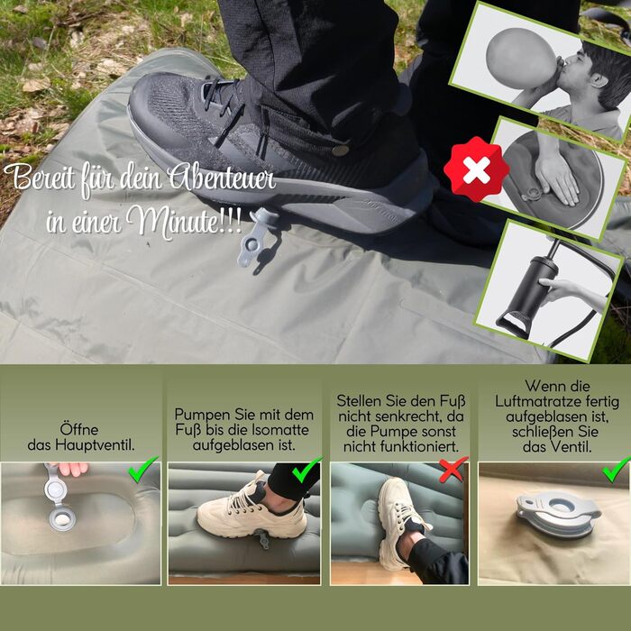 Надувний килимок BÄRBERG з самонадуванням та насосом для ніг, Ultralight, для кемпінгу, подорожей, фестивалів, басейну (Оливковий)