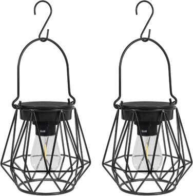 2 Сонячні ліхтарі для вулиці, підвісні, IP65, металеві, LED, для саду, патіо, кемпінгу, газону, чорні (шестикутні)