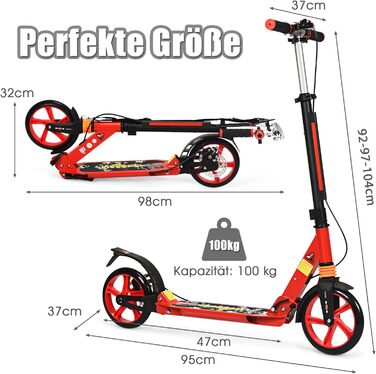 GOPLUS Ролер Кіндер 8 років, міський ролер для дітей, підлітків та дорослих до 100 кг, 3-рівневий регульований ролер, складаний самокат з колесами 200 мм, гальмо на задньому колесі та ремінь (Червоний)