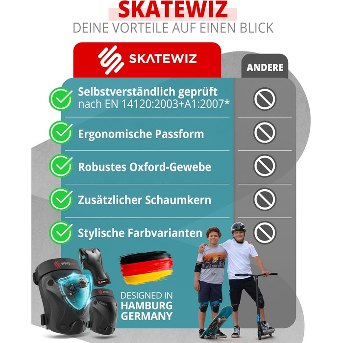 Набір захисту SKATEWIZ 6 шт. для дітей та дорослих - наколінники, налокітники, захист зап'ястків, чорний Protect-1 XS