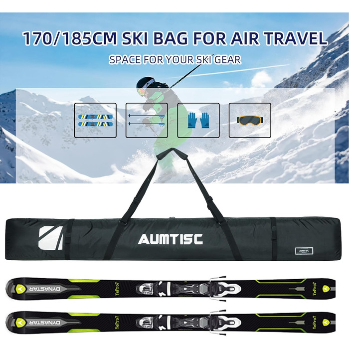 Чохол для лиж AUMTISC Skitasche: міцний, з регульованою ручкою, 170-185 см, чорний
