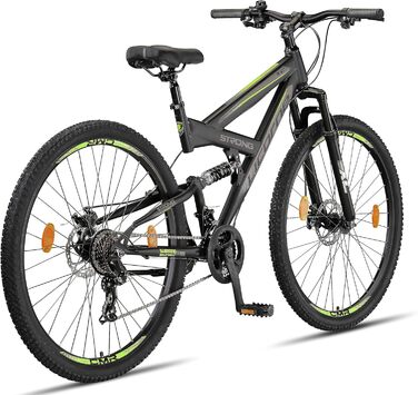 Гірський велосипед Licorne Bike Strong 2D Premium 29 дюймів для підлітків і дорослих, дискові гальма, 21 швидкість, повна амортизація, чорний/лайм