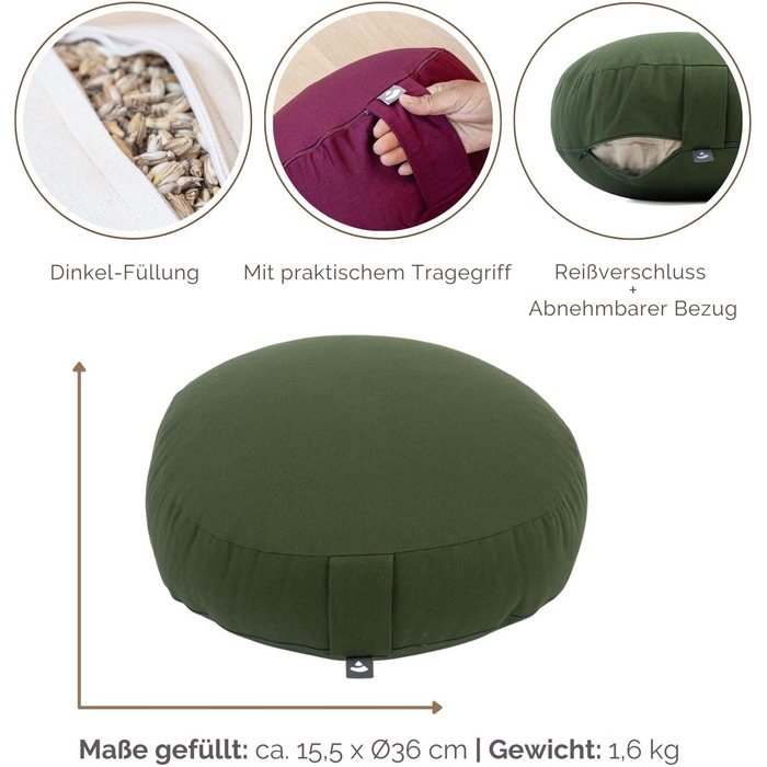 Подушка для медитації Bodhi Rondo ECO низька | Подушка для йоги з органічною гречаною лузгою | Чохол 100% бавовна | Висота 15.5 см | Зі знімним чохлом та ручкою (Лісовий зелений)