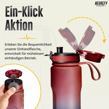Пляшка для води NEUREFY 1 л із тритану, червона і синя, не протікає, зручна, BPA Free, зі шкалою та ситечком – спортивна пляшка для фітнесу, тренажерного залу, офісу, навчання, школи, для активного відпочинку