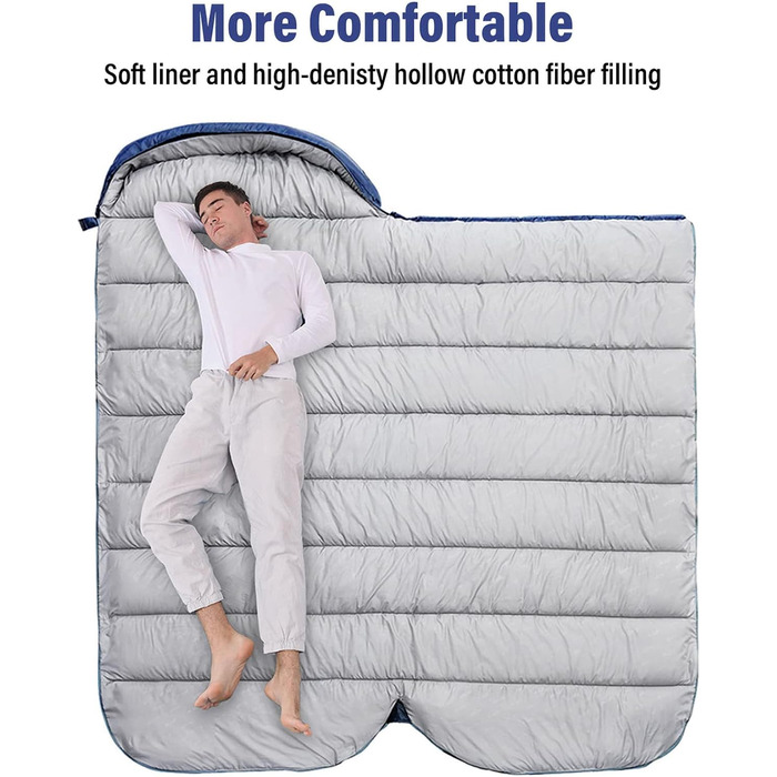 Спальний мішок BISINNA XXL для великих дорослих, 3-4 сезонний, зимовий, теплий, ковдровий, для кемпінгу, великий розмір, синій, ліва блискавка, 2.5 кг