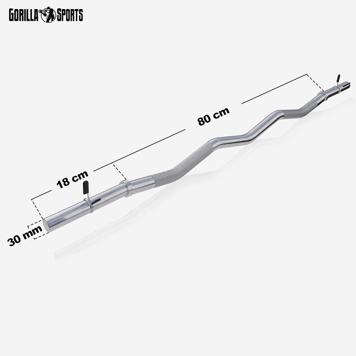 SZ-штанга GORILLA SPORTS 120 см, до 180 кг, 30/31 мм, хромована, з насічками та 2 пружинними замками – вигнута штанга для біцепса, рифлена, неслизька