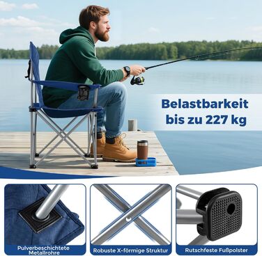 Крісло для кемпінгу Costway XXL, 227 кг, з підлокітниками та кишенею для напоїв, для відпочинку на природі, риболовлі, дачі, пляжу (Navy)