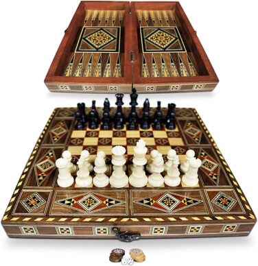 Дерев'яна настільна гра 3 в 1 Backgammon, шахи, дама 30x30 см, ручна робота, інтарсія, комплект із фігурами та фішками