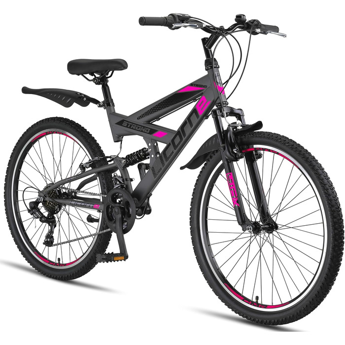 Гірський велосипед Licorne Bike Premium Strong V 24/26 дюймів для хлопців, дівчат, жінок і чоловіків, 21 швидкість, повна амортизація, антрацит/рожевий, 24 дюйми