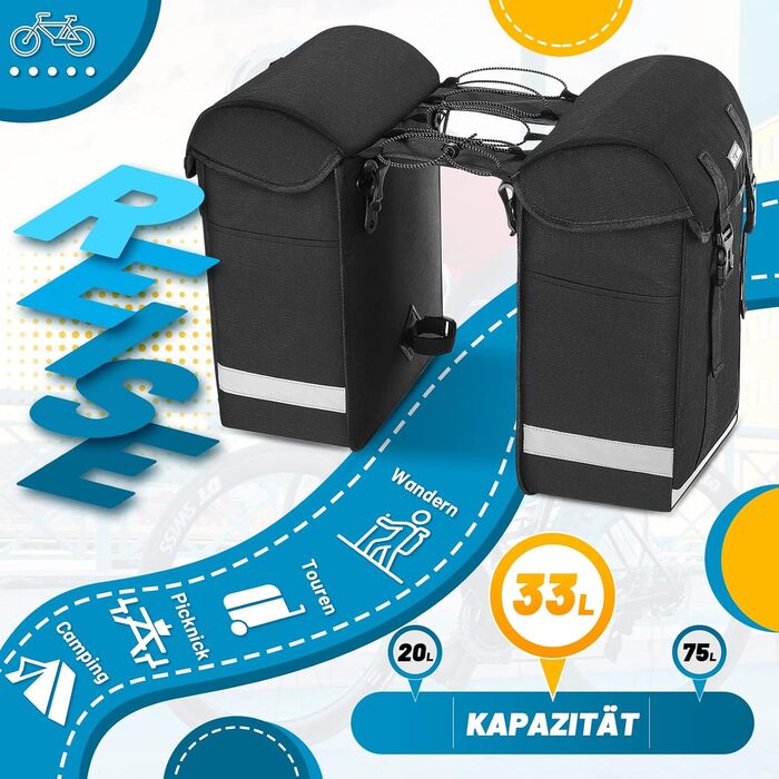 Велосипедна сумка на багажник West Biking 33L, водонепроникна, з регульованим кріпленням, відбивачами, чорна
