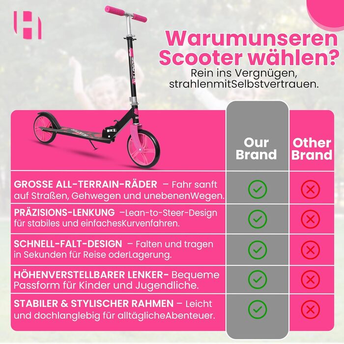 Дитячий ролер Habib Kickroller – складний, регульована висота, великі колеса, до 80 кг, для міста (рожевий)