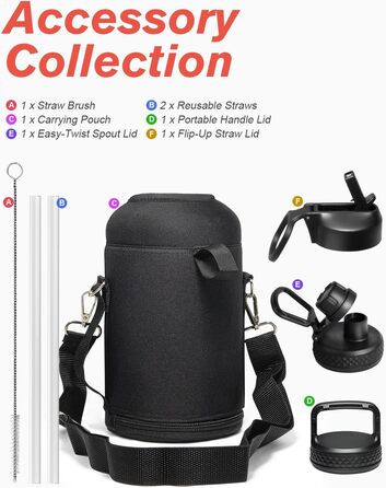 Термос пляшка для води 2 л Coolflask з нержавіючої сталі з трубочкою та 3 кришками, подвійна вакуумна ізоляція, для спорту та офісу, сірий, не протікає