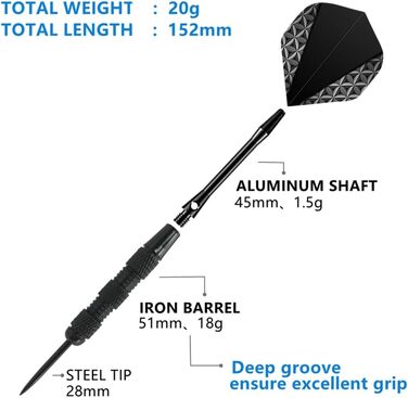 Дарти сталеві Dartpfeil E Black (20 г) з алюмінієвими стеблами + 3 запасних, кейс