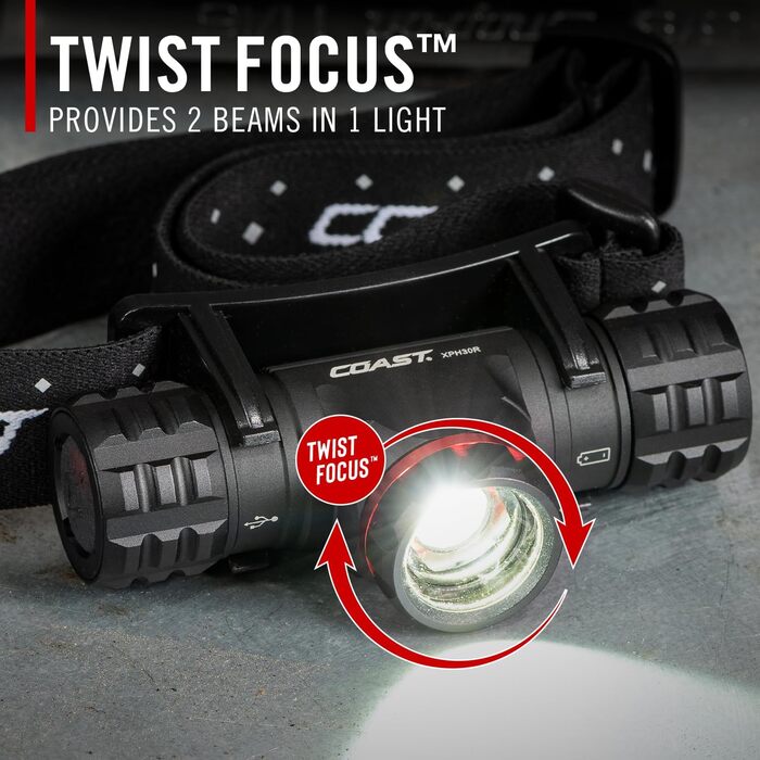 Coast XPH30R - налобний ліхтар з регулюванням фокусу, 1200 люмен, USB-C, акумулятор, магнітна база, чорний