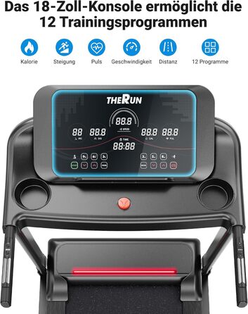 Біговий тренажер THERUN для дому та офісу, 14 км/год, 3.0 PS, нахил, датчики пульсу, складний, 136 кг, LED-підсвітка