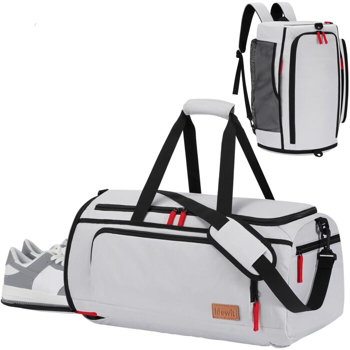 Спортивна сумка-рюкзак Lifewit 40L для чоловіків, водонепроникна дорожня сумка з відділенням для взуття та вологих речей, сріблясто-сіра
