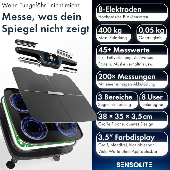 Інтелектуальна вага з аналізом складу тіла - WiFi та Bluetooth, TFT LCD дисплей, вимірювання жиру, м'язової маси, крокомір, акумулятор 800 mAh, сенсори для аналізу тіла