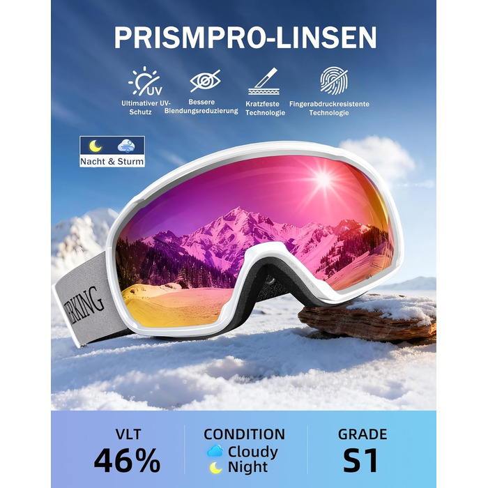 Окуляри гірськолижні Innerking OTG, Anti-Fog & UV400, для корекції зору з подвійним склом, чоловічі/жіночі/підліткові, для катання на лижах та сноуборді A1 – Чорний/Срібний (VLT 11 %) (A3 – Білий/Рожевий (VLT 46 %))