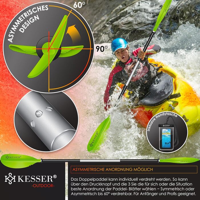 Веслування KESSER® Paddle Doppelpaddel - 4-частини для каяка, SUP, станд-ап паділбордингу, 228 см, алюміній. Ідеально для човна, веслування стоячи. В комплекті: страховочна мотузка, чохол для телефону, дошка для серфінгу. (Зелений)