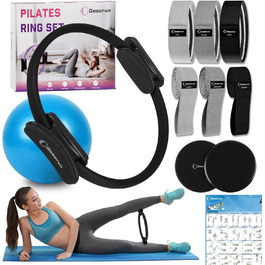 Набір для пілатесу: кільце, еластичні стрічки, фітбол, диски для ковзання, плакат з інструкцією. Домашній спортзал