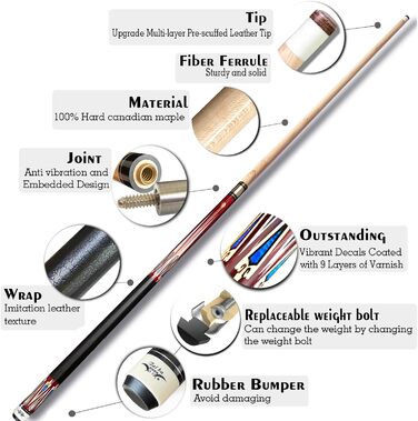 Професійний більярдний кий Tai Ba Cues Billard-Queuestab з чохлом, 13 мм наконечник, 147,3 см, канадський клен, 3 шт. аксесуарів (S3), вага 18,19,20,21,22 г, кольори: синій, чорний, червоний, сірий, зелений