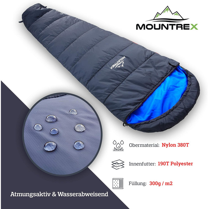 Сплячий мішок MOUNTREX® - ультралегкий, компактний (760г/1500г) - для кемпінгу, подорожей, фестивалів. 3-4 сезони, Mumienschlafsack, 1500г (RV Links). Темно-синій/синій.