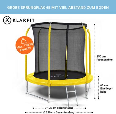 Трамплін Klarfit Jumpstarter для дітей, 250 см, жовтий: безпечний, з лебідкою та сіткою, для саду, фітнес, 5-9 років