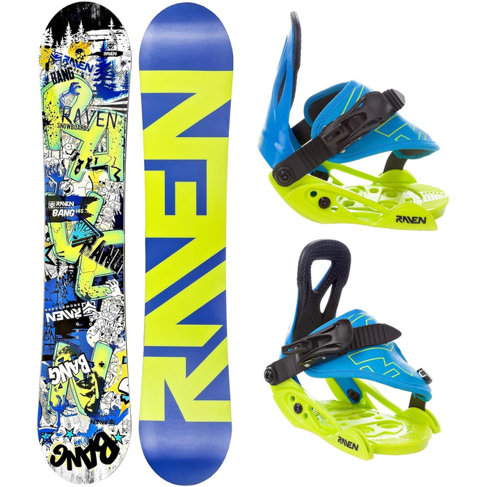 Сноубордичний комплект RAVEN: сноуборд Bang Junior + кріплення Raven s230 Black або s160 Junior Blue/Lime 90cm + s160 Blue/Lime XXS