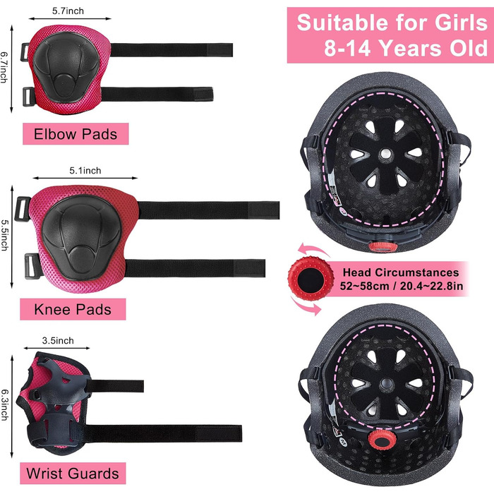 Дитячий шолом Kinder для дівчаток 8-14 років з повним захистом (шолом, наколінники, налокітники), чорно-рожевий, розмір M (52-58 см)