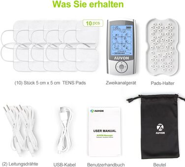 AUVON TENS пристрій: електростимулятор для зняття болю з 24 програмами, 2 канали та 10 шт. електродів преміум-якості