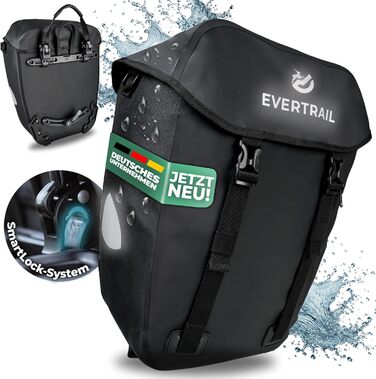 Велосипедна сумка Evertrail 28 л, водонепроникна, на багажник, з відділенням для ноутбука, плечовим ременем, рефлекторами, посиленим дном, чорна, 2024