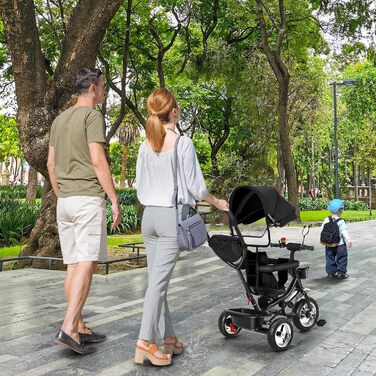 Триколісний велосипед 4-в-1 для дітей від 1 року з батьківською ручкою – чорний. Регульоване сидіння, обертовий сидіння, складна тента та кошик. До 25 кг, 1-4 роки