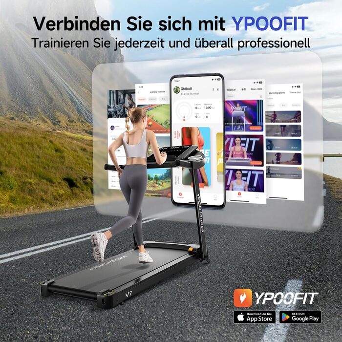Біговий тренажер YPOO для дому, складаний з нахилом 8%, тихий до 13 км/год з великою поверхнею для бігу, 2.5 HP з LED-дисплеєм та APP, максимальне навантаження 140 кг